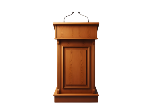 Front View Classic Wooden Lectern Podium with Microphones — isolated on transparent background png