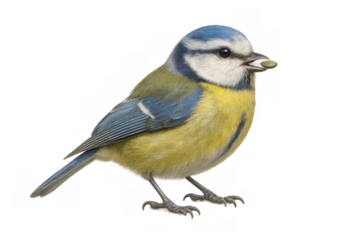 Blue tit bird eating sunflower seed, a small colorful songbird with yellow and blue feathers, transparent background