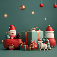 3D render of a cute snowman Santa in a car surrounded by Christmas gifts. Joyful.