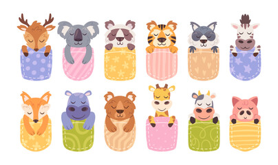 Naklejka premium Cute adorable cartoon animals sleeping peacefully under warm stitched blankets isolated set