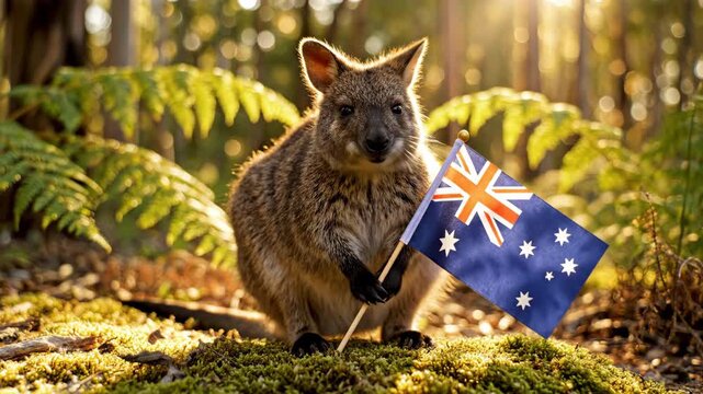 Australian wallaby celebrates national pride holding the Australian flag in a sunlit forest