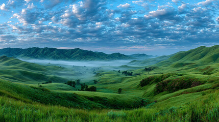 Natural panoramic summer landscape with lush green fields across rolling hills under a blue sky with clouds in early morning light creating a serene, vibrant, and picturesque countryside scene