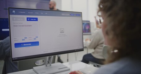 Curly Woman Behind Monitor Generates 3D Model of House Design With Panoramic Windows. Adult Students Learning AI Design in Modern Classroom With Computers. Concept Innovation, Education, Technology. - Powered by Adobe