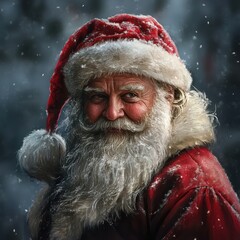 Close-up portrait of Santa Claus in a warm red coat and sunglasses during a heavy snowstorm. Depicts severe cold weather and winter conditions.