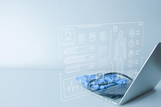Electronic Health Record (EHR) concept. Stethoscope on laptop with virtual patient profile, body scan, and medical data. Digital health and futuristic technology with copy space. - Powered by Adobe