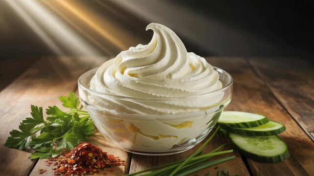 Creamy dreamy dip swirling invitingly in glass bowl, ready for fresh vegetables and spicy chili flakes in a delightful culinary creation