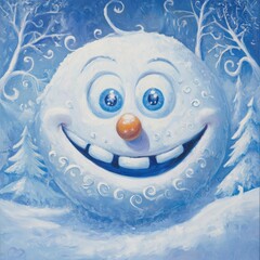 Expressive portrait of a perfectly round, smiling snowman in a peaceful winter environment. Conceptual image of happiness, joy, and lightheartedness