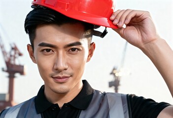 Confident young Asian construction worker in a red hard hat. Professional male engineer portrait at an industrial site with cranes in the background