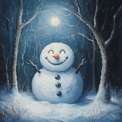 Cheerful snowman with a bright smile painted in thick, textured blue and white colors. Conceptual image of happiness, joy, and festive mood.