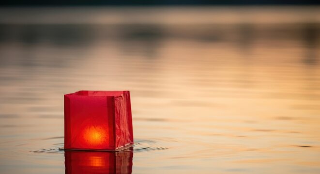 Floating wish: a solitary red paper lantern graces tranquil waters at dusk