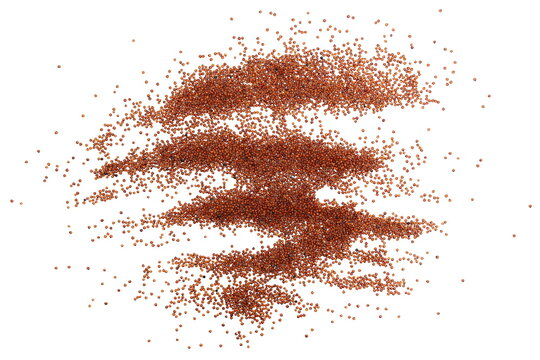 Pile raw red quinoa isolated on white, top view
