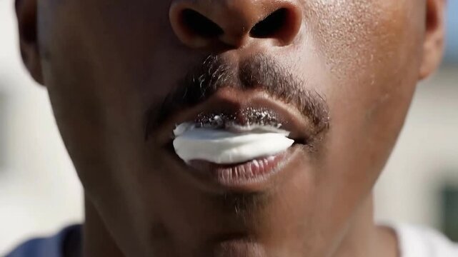 Close Up of African American Man's Face Covered with Shaving Cream Against a Blurred White Building in Bright Sunlight Revealing Mustache and Upper Lip Partially Covered