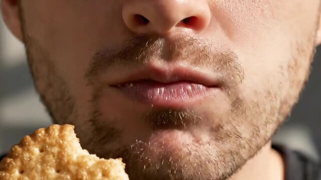 Close Up of Bearded Man Eating Golden Brown Cracker Snack with Crumbs on Face and Gray Background Portrait Style Food Photography Eating Delicious Grain Snack