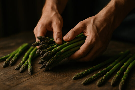 Asparagus Harvest: Close-up of hands arranging fresh asparagus spears on a rustic wooden table. It captures the essence of natural abundance and culinary delight.
