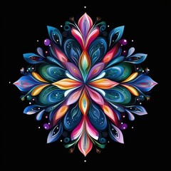 Vibrant abstract ornament with symmetrical shapes in bright jewel-tone colors. Expressive illustration of joy, energy, and artistic passion