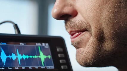 Close-Up Of Man Speaking Into Portable Audio Recorder With Sound Waveform Displayed On Screen In Bright Natural Light - Powered by Adobe