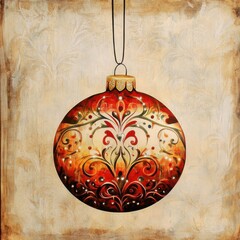 Ornate painted Christmas ornament hanging on a string against a decorative background. Vintage holiday illustration for greeting cards or festive decor