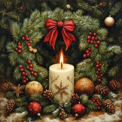 New Year composition: baubles, red berries and silver branches. Winter symbols