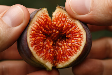 Delectable Fig: A ripe fig is halved, revealing its exquisite inner details, as it is held delicately between hands, ready to be enjoyed.