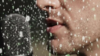 Close Up of Person Speaking into Microphone with Digital Binary Code Data Flowing Around Mouth and Microphone Capturing Audio Information - Powered by Adobe