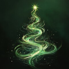 Stylized abstract green light forming a spiraling Christmas tree shape. Digital illustration of energy, motion, and creative modern design.