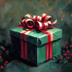 Oil painting of a green Christmas gift box tied with a red and white striped ribbon. Artistic still life, brushstroke texture, and classic holiday palette.