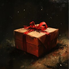 Moody composition featuring a dark green gift box surrounded by holly and berries. Rich color palette, decorative holiday motif, and striking contrast.