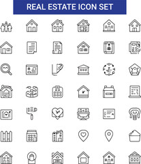 Real estate outline icon set. Containing House, building, rent, property, mortgage, renovation, home loan and more.
