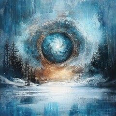 Conceptual abstract blending a winter theme with a cosmic vortex or energy field. Symbolizes celestial power and dynamic force.