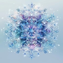 Magical, sparkling abstract background with a cluster of icy blue and white snowflakes and frost patterns. Ideal for winter and holiday themes.