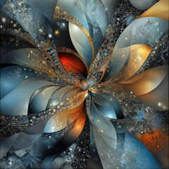 Highly detailed abstract digital art resembling a fractal bloom with glowing petals and intricate textures. Illustrates complex technology and structure.