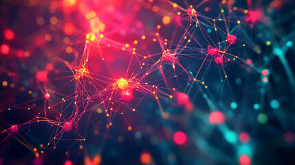Neural network model with vibrant glowing nodes and dynamic connections illustrating data flow, AI trends, machine learning processes, and big data visualization in a futuristic digital environment