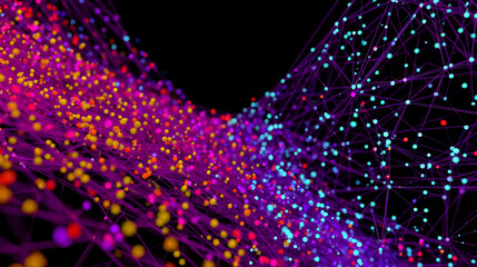 Neural network model with vibrant glowing nodes and dynamic connections illustrating data flow, AI trends, machine learning processes, and big data visualization in a futuristic digital environment