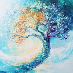 Stylized tree artwork blending two distinct palettes representing different environments. Conceptual illustration of natural balance and ecology.