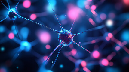 Neural network model with vibrant glowing nodes and dynamic connections illustrating data flow, AI trends, machine learning processes, and big data visualization in a futuristic digital environment