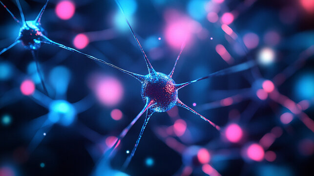 Neural network model with vibrant glowing nodes and dynamic connections illustrating data flow, AI trends, machine learning processes, and big data visualization in a futuristic digital environment