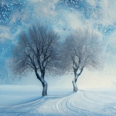 Digital painting of two trees on a snow-covered hill under a textured blue and white sky. Calmness and isolation