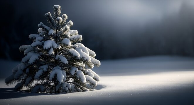 Snow-covered pine tree standing in winter landscape with sunlight  