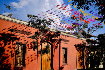 Coral Facade with Papel Picado Shadows (Oaxaca de Juarez, Mexico)
