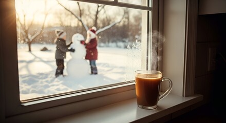 Children playing outside while building a snowman in winter with copy space