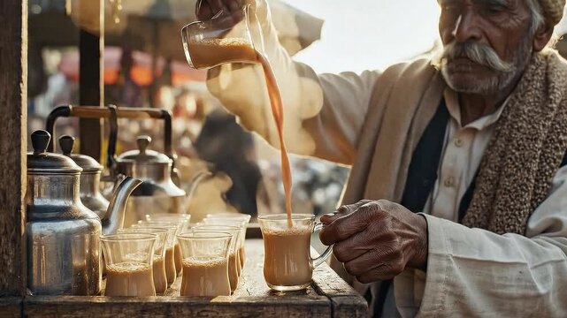 Elderly Indian Man Pours Traditional Masala Chai Tea into Glasses at a Bustling Street Market Stall in Warm Golden Hour Sunlight