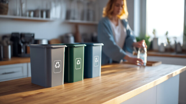 Woman sorting household waste for recycling in kitchen, adopting sustainable lifestyle choices and eco friendly habits