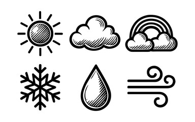 Hand drawn weather icons: sun, cloud, rainbow, snowflake, raindrop, wind