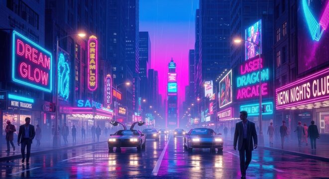 Electric Avenue: A Retro-Futuristic Cityscape Radiating Neon Illumination - Powered by Adobe