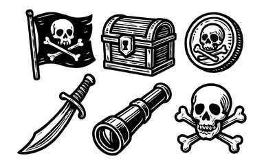 Pirate icon set featuring skull and crossbones with flag, treasure chest, and sword in retro style