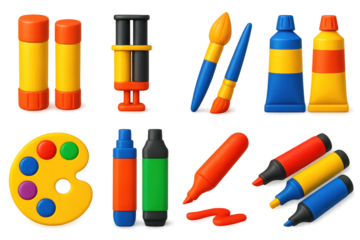 Set of art supplies including markers, paint, and a brush