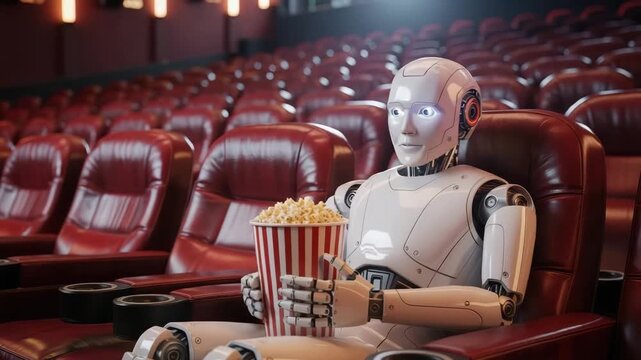 Futuristic robot enjoys a movie with popcorn in a classic theater, offering a modern take on leisure and entertainment in a vintage setting