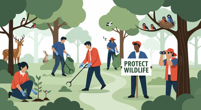 Volunteers Participate In Environmentally Friendly Activities In The Forest