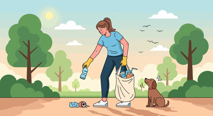 Woman Volunteering Cleaning up Trash in Park with Her Dog
