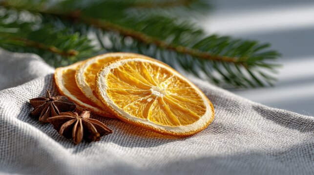 natural christmas decorations, christmas decorations using dried orange slices, cinnamon sticks, and anise stars on a tablecloth with festive lighting and greenery